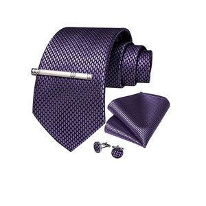 Men's Silk Tie + Pocket Square + Cufflinks + Tie Clip 4 Piece Set